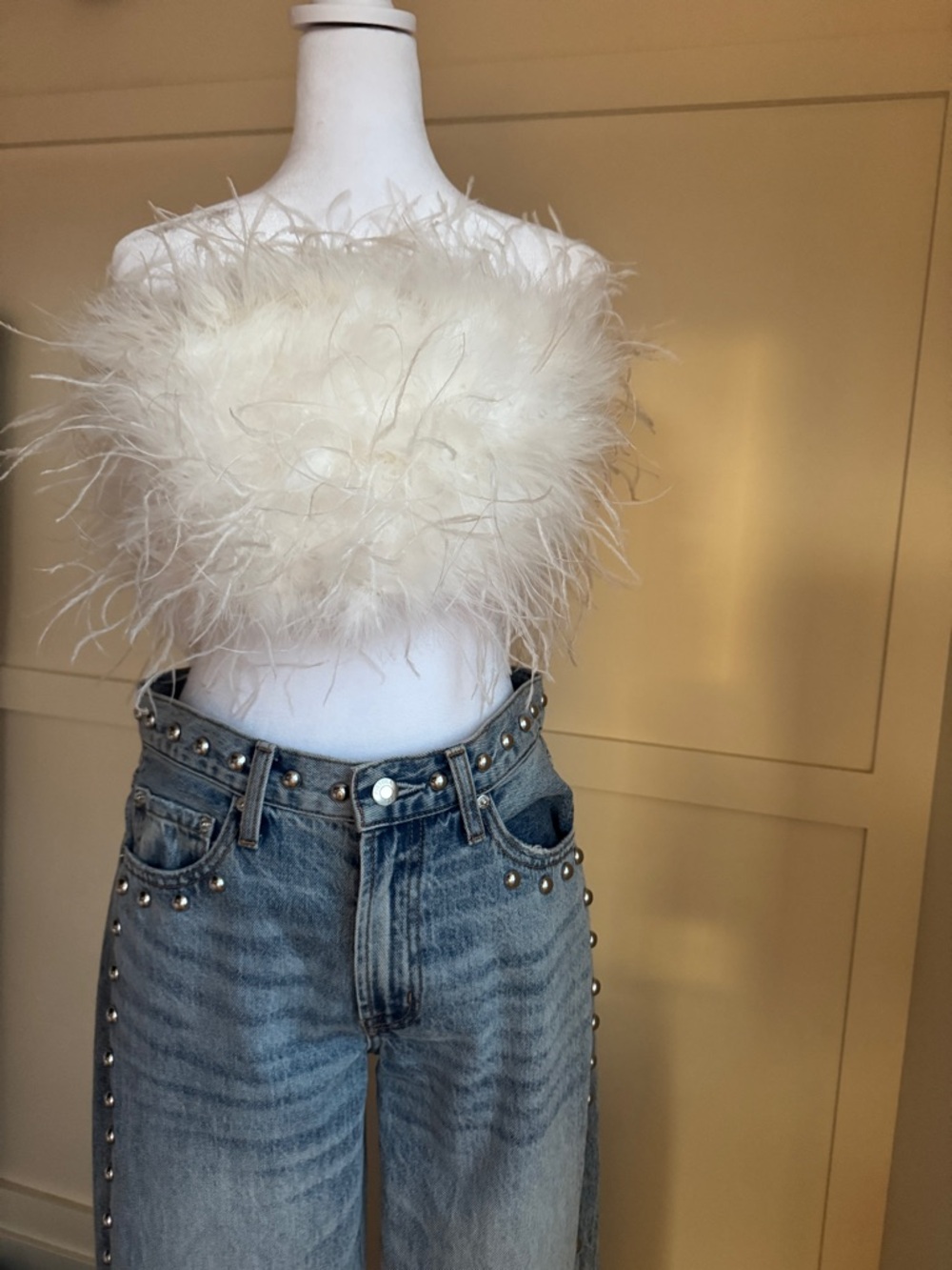 Lamarque Ivory Feather-Trim Strapless Bustier - Picture 5 of 11